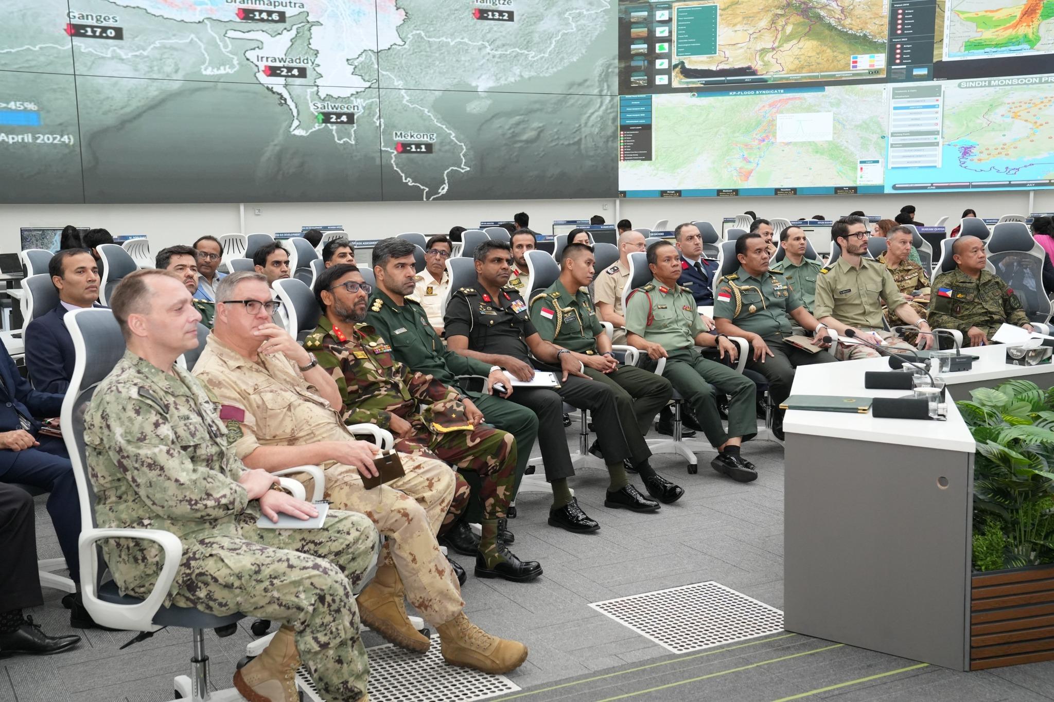 11-07-2024, A delegation composed of Defence Attaches to Pakistan from Canada, Bangladesh, Iran, US, UAE, Germany, Egypt, Sri Lanka, Malaysia, Indonesia, Switzerland, Turkmenistan, Philippines and Italy visited NEOC at NDMA HQs today.